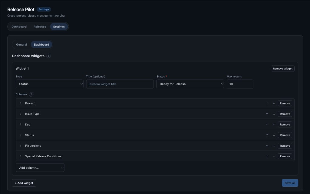 Release Pilot settings for configuring dashboard widgets and columns